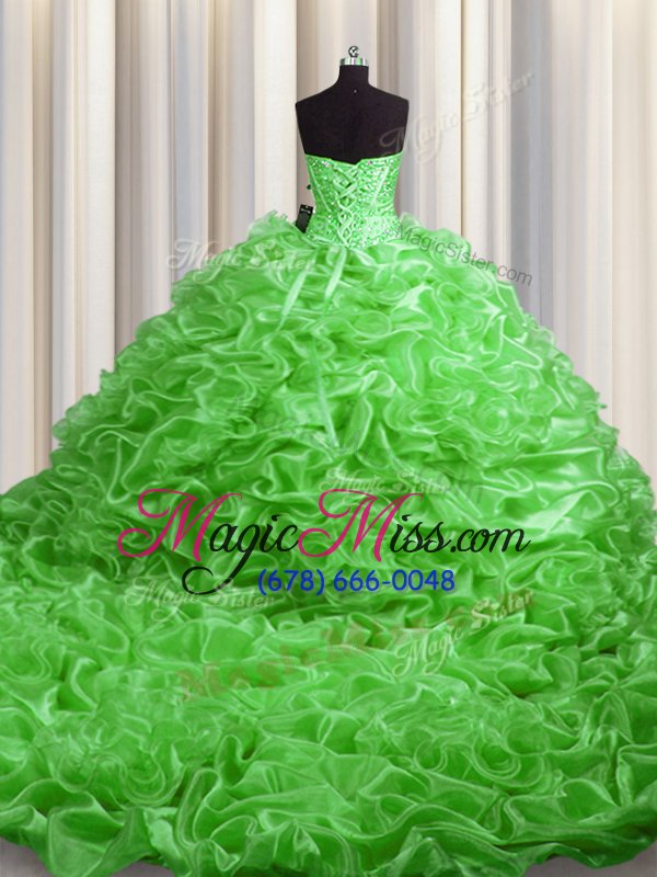 wholesale high end lace up quinceanera gown beading and pick ups sleeveless with train court train