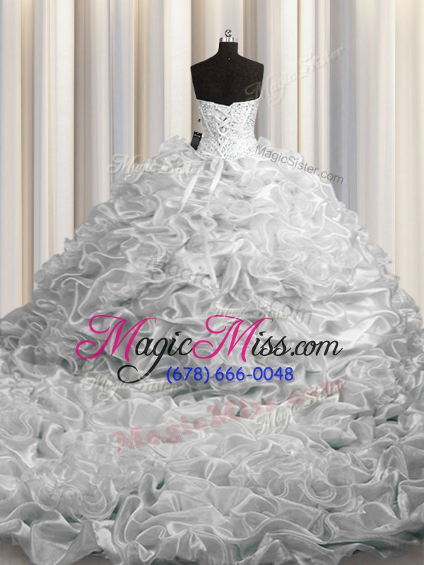 wholesale fancy pick ups court train sweetheart sleeveless lace up sweet 16 quinceanera dress grey organza