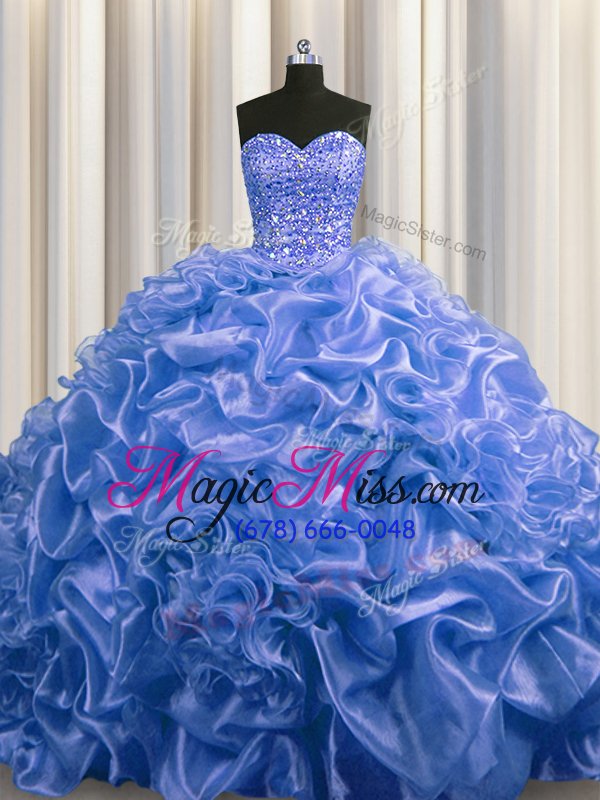 wholesale pretty sleeveless with train beading and pick ups lace up quinceanera gown with blue court train
