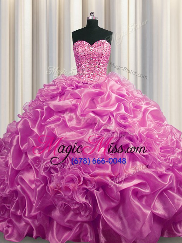 wholesale admirable lilac organza lace up ball gown prom dress sleeveless with train court train beading and pick ups