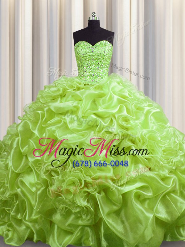 wholesale simple pick ups court train ball gowns ball gown prom dress yellow green sweetheart organza sleeveless with train lace up