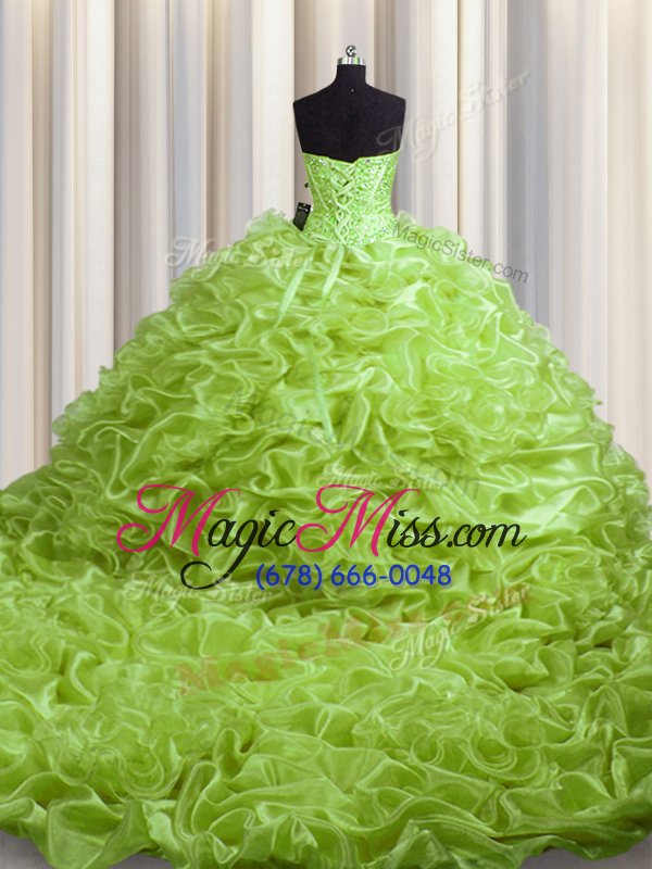 wholesale simple pick ups court train ball gowns ball gown prom dress yellow green sweetheart organza sleeveless with train lace up