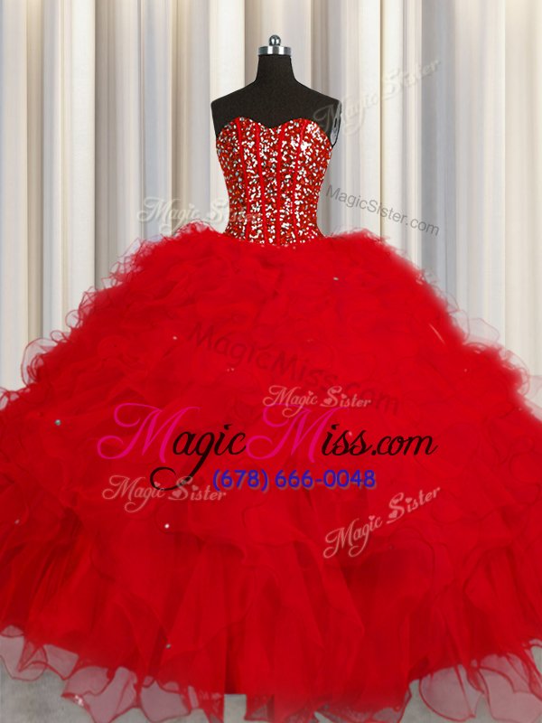wholesale modest visible boning sleeveless tulle floor length lace up quinceanera dress in red for with beading and ruffles and sequins