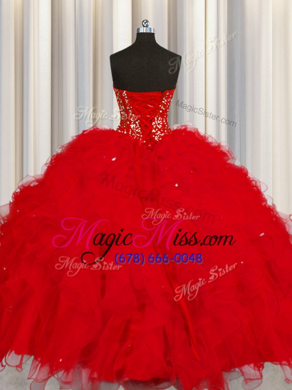 wholesale modest visible boning sleeveless tulle floor length lace up quinceanera dress in red for with beading and ruffles and sequins