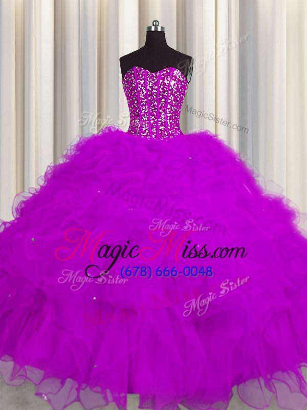 wholesale simple visible boning fuchsia lace up sweet 16 quinceanera dress beading and ruffles and sequins sleeveless floor length