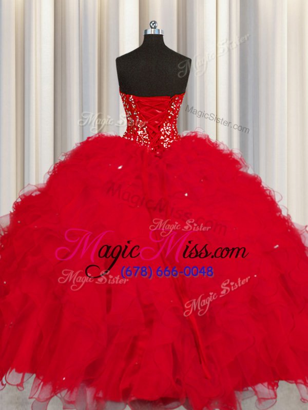 wholesale dramatic visible boning red sleeveless beading and ruffles and sequins floor length sweet 16 quinceanera dress