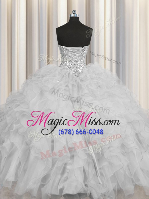 wholesale discount visible boning sleeveless lace up floor length beading and ruffles and sequins 15 quinceanera dress