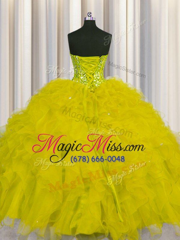 wholesale shining visible boning olive green sweetheart neckline beading and ruffles and sequins ball gown prom dress sleeveless lace up