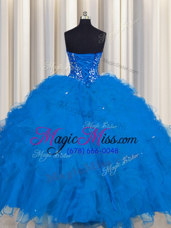 wholesale amazing visible boning sleeveless tulle floor length lace up quince ball gowns in blue for with beading and ruffles and sequins