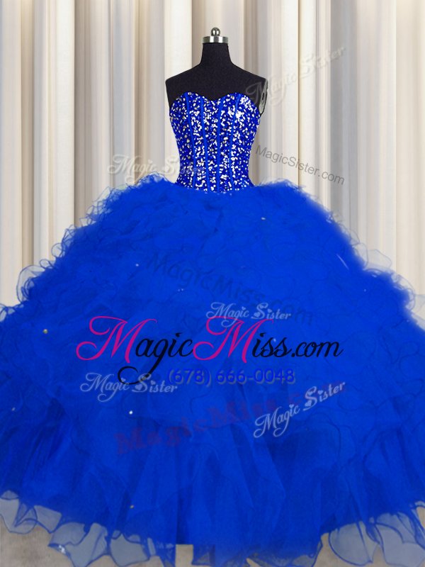 wholesale excellent visible boning tulle sleeveless floor length 15 quinceanera dress and beading and ruffles and sequins