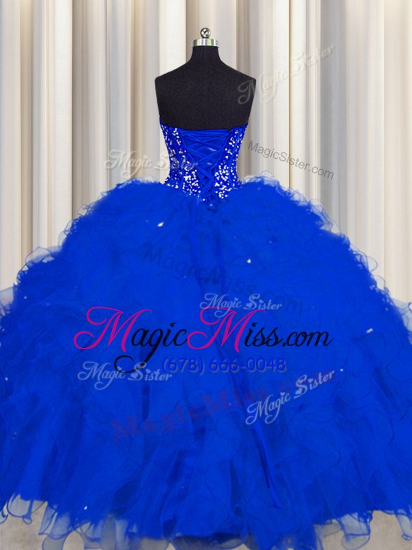 wholesale excellent visible boning tulle sleeveless floor length 15 quinceanera dress and beading and ruffles and sequins