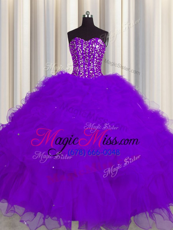 wholesale exquisite visible boning purple sleeveless floor length beading and ruffles and sequins lace up sweet 16 quinceanera dress