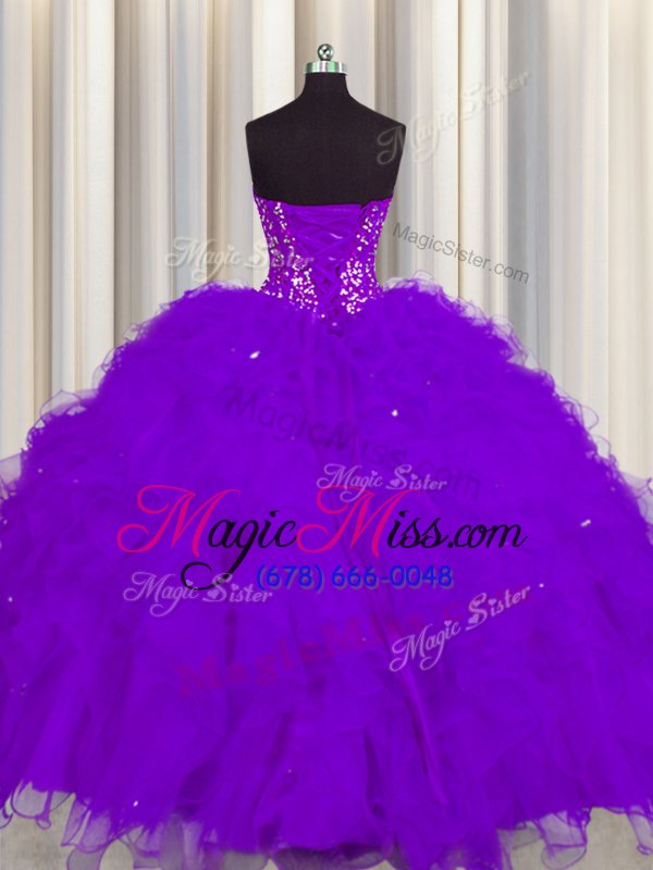 wholesale exquisite visible boning purple sleeveless floor length beading and ruffles and sequins lace up sweet 16 quinceanera dress