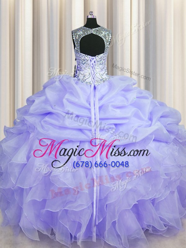 wholesale shining see through scoop floor length ball gowns sleeveless lavender sweet 16 quinceanera dress lace up