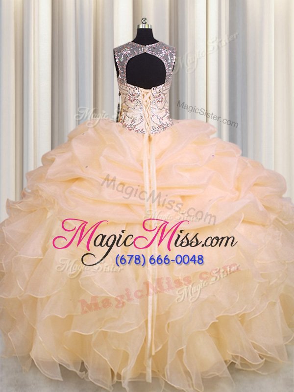 wholesale enchanting see through floor length peach 15th birthday dress scoop sleeveless lace up