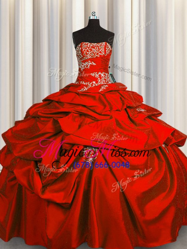 wholesale perfect red taffeta lace up strapless sleeveless floor length quinceanera dresses appliques and pick ups