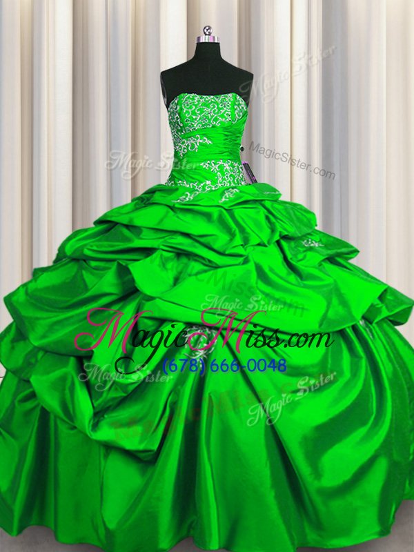 wholesale dramatic strapless sleeveless quinceanera gown floor length appliques and pick ups green taffeta