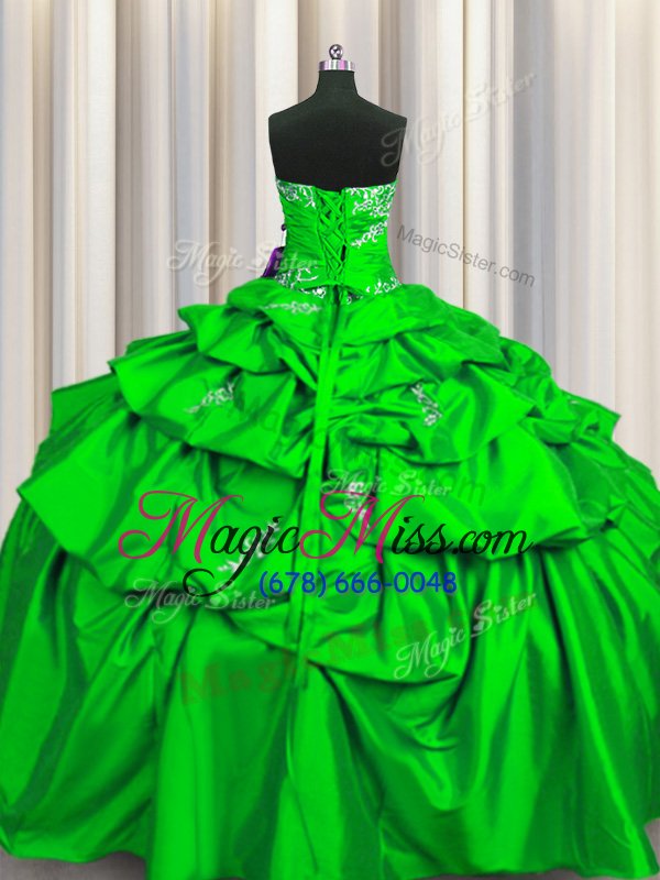 wholesale dramatic strapless sleeveless quinceanera gown floor length appliques and pick ups green taffeta