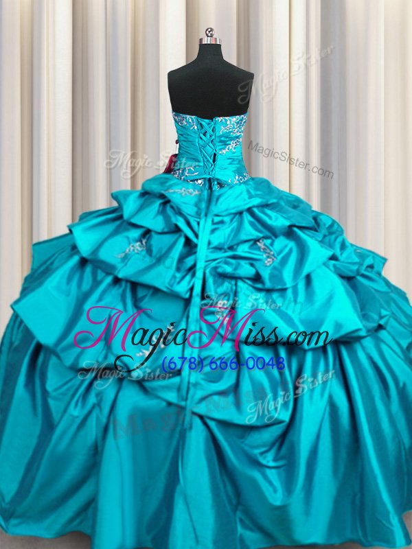 wholesale comfortable sleeveless floor length appliques and pick ups lace up quinceanera gown with aqua blue
