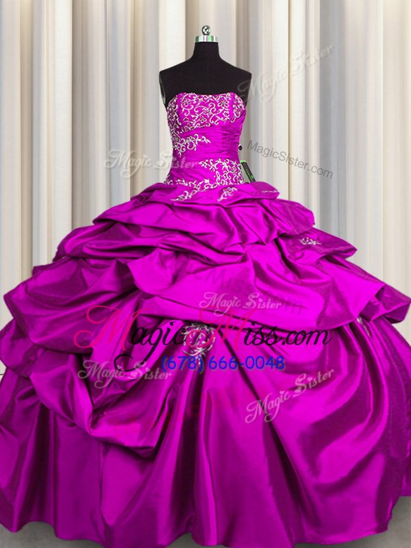 wholesale fantastic fuchsia taffeta lace up vestidos de quinceanera sleeveless floor length appliques and pick ups