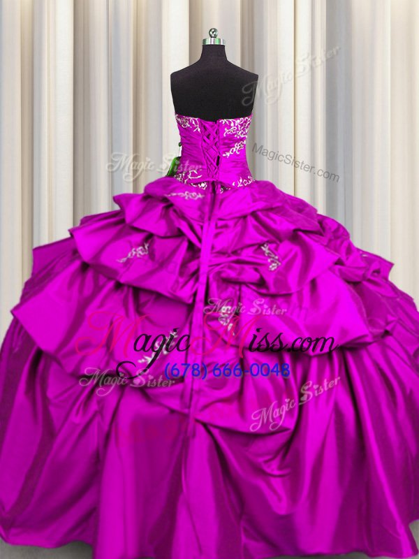wholesale fantastic fuchsia taffeta lace up vestidos de quinceanera sleeveless floor length appliques and pick ups