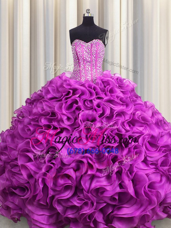 wholesale visible boning fuchsia sleeveless organza lace up sweet 16 quinceanera dress for military ball and sweet 16 and quinceanera