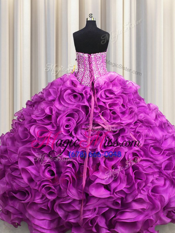 wholesale visible boning fuchsia sleeveless organza lace up sweet 16 quinceanera dress for military ball and sweet 16 and quinceanera