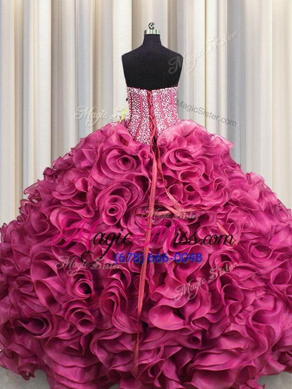 wholesale perfect visible boning sweetheart sleeveless 15th birthday dress floor length beading and ruffles hot pink organza