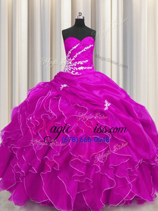 wholesale captivating fuchsia sweetheart lace up beading and appliques and ruffles quinceanera dress sleeveless