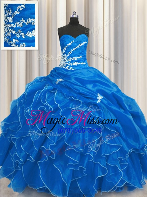 wholesale sumptuous sleeveless organza floor length lace up quinceanera gown in blue for with beading and appliques and ruffles