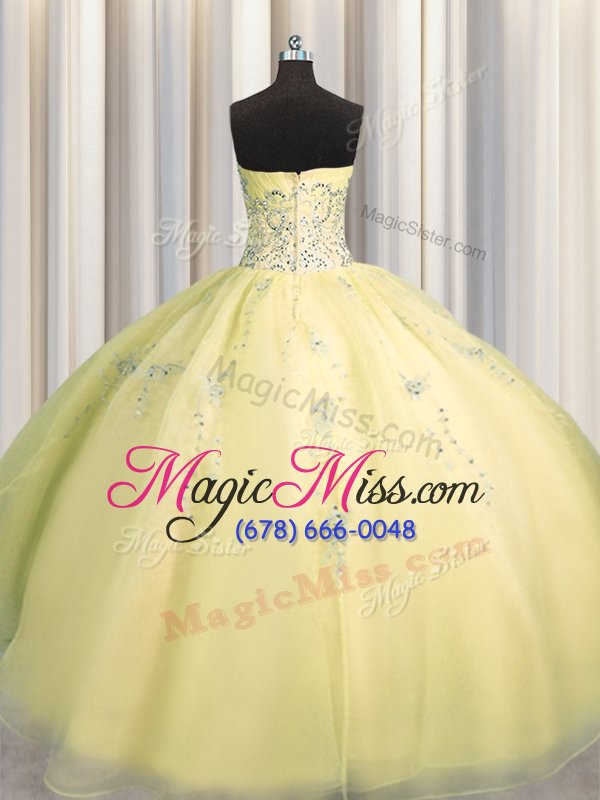 wholesale glorious really puffy organza sweetheart sleeveless zipper beading and appliques ball gown prom dress in light yellow