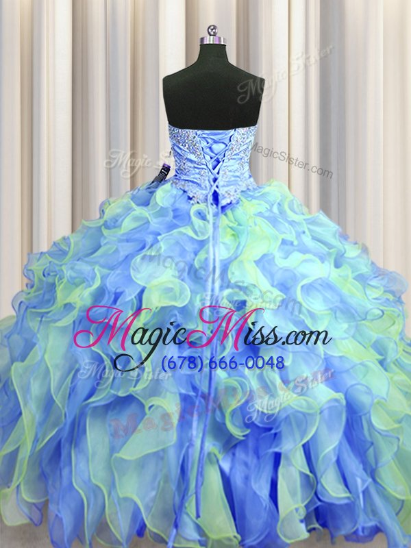 wholesale luxury multi-color organza lace up vestidos de quinceanera sleeveless floor length beading and appliques and ruffles