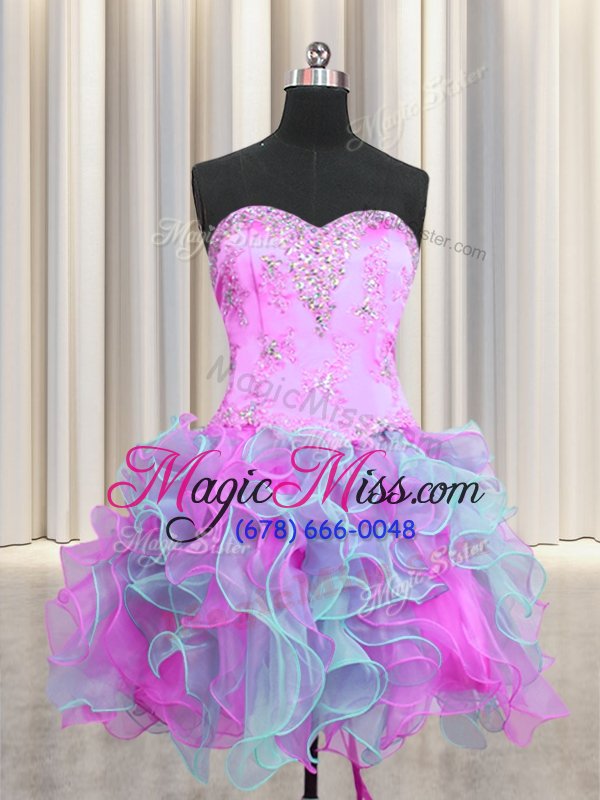 wholesale delicate three piece organza sleeveless ball gown prom dress and beading and ruffles