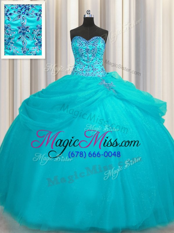 wholesale super puffy skirt beading sweet 16 dress aqua blue lace up sleeveless floor length