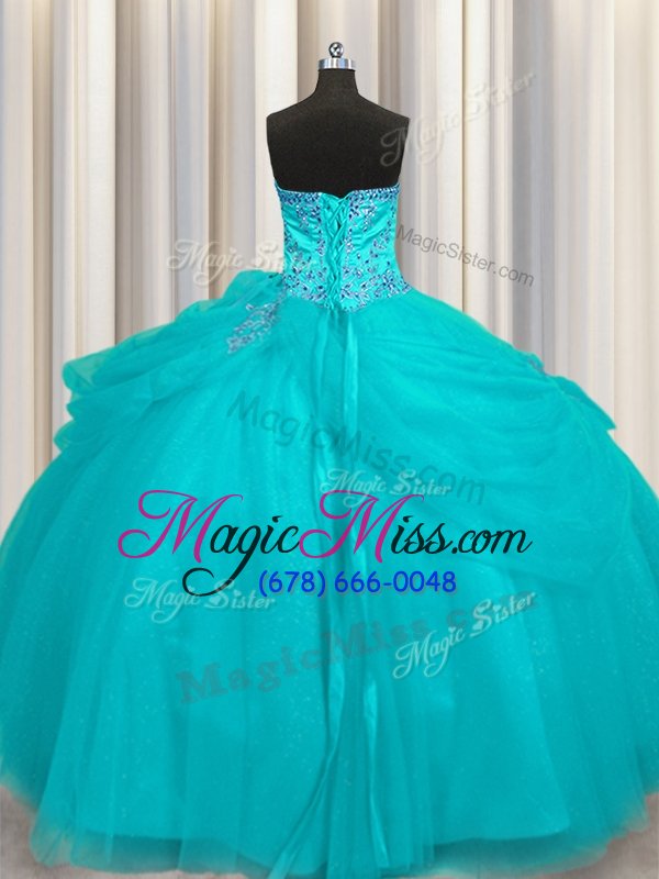 wholesale super puffy skirt beading sweet 16 dress aqua blue lace up sleeveless floor length