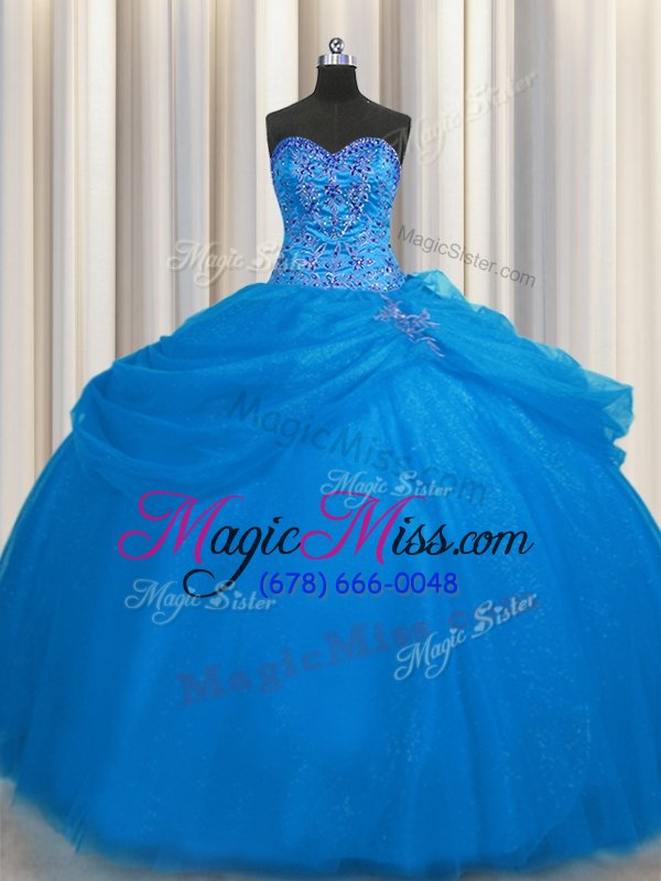 wholesale stunning really puffy blue sweetheart lace up beading 15 quinceanera dress sleeveless