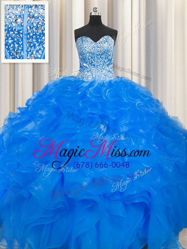 wholesale glorious visible boning beaded bodice sleeveless organza floor length lace up 15th birthday dress in blue for with beading and ruffles