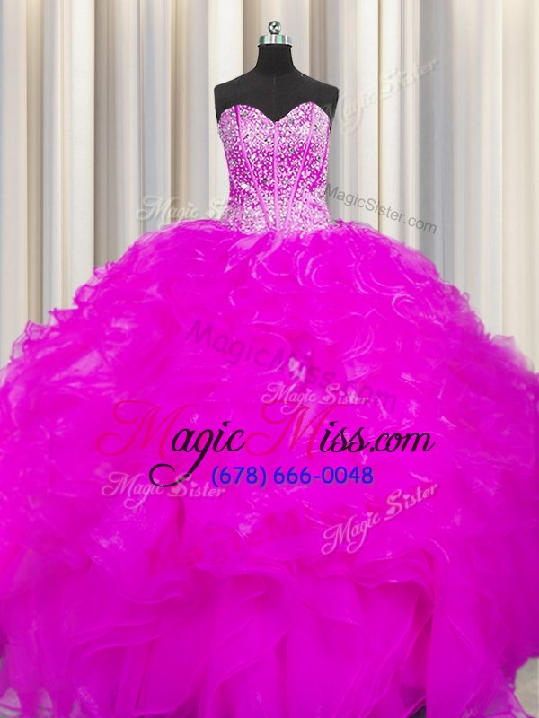 wholesale unique visible boning beaded bodice fuchsia lace up ball gown prom dress beading and ruffles sleeveless floor length