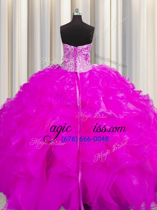 wholesale unique visible boning beaded bodice fuchsia lace up ball gown prom dress beading and ruffles sleeveless floor length