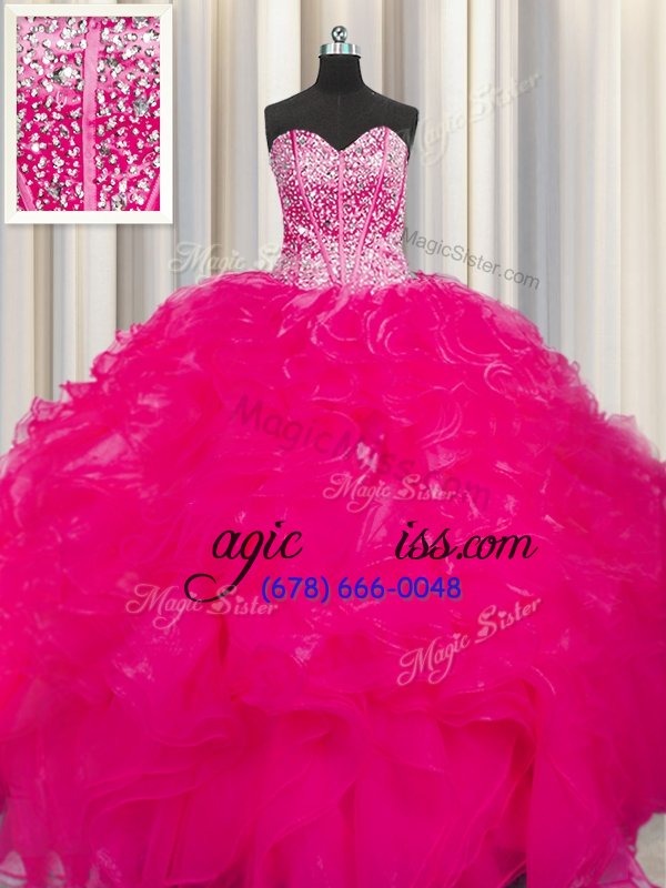 wholesale stunning visible boning beaded bodice hot pink sweetheart neckline beading and ruffles quinceanera dresses sleeveless lace up
