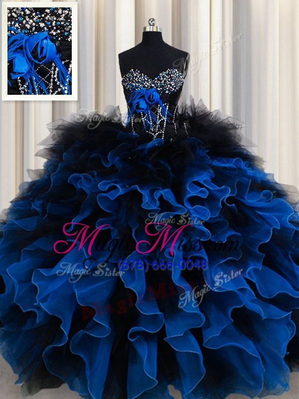 wholesale flirting royal blue lace up 15 quinceanera dress beading and ruffles sleeveless floor length