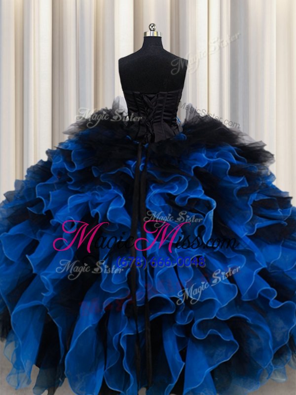 wholesale flirting royal blue lace up 15 quinceanera dress beading and ruffles sleeveless floor length