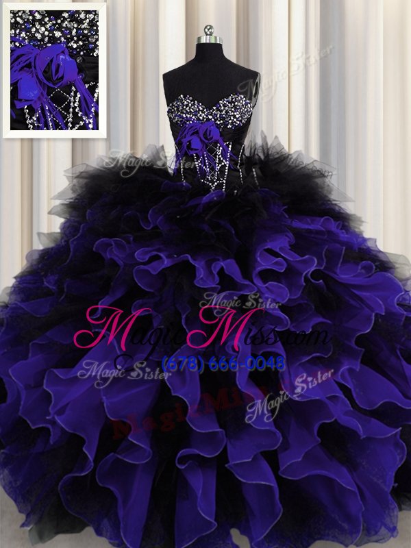 wholesale high end black and purple sleeveless floor length beading and ruffles lace up sweet 16 quinceanera dress