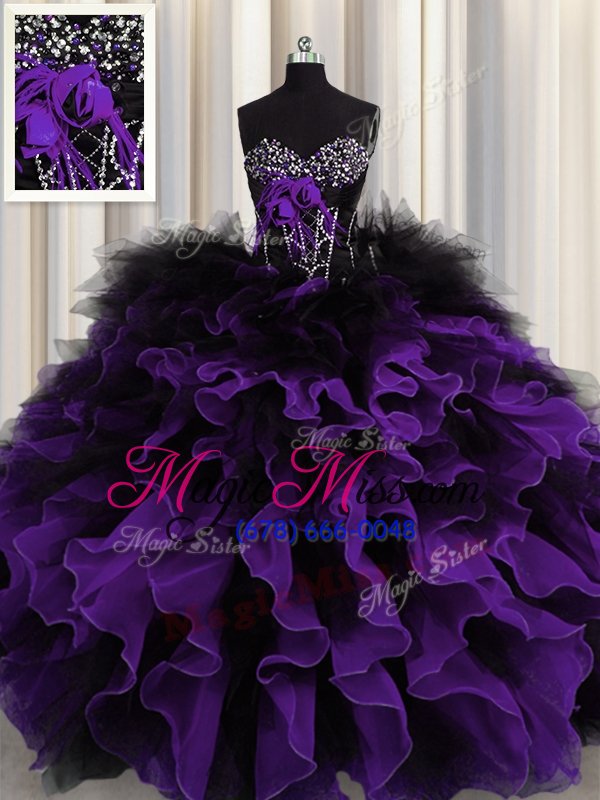 wholesale latest black and purple sleeveless organza and tulle lace up sweet 16 dresses for military ball and sweet 16 and quinceanera