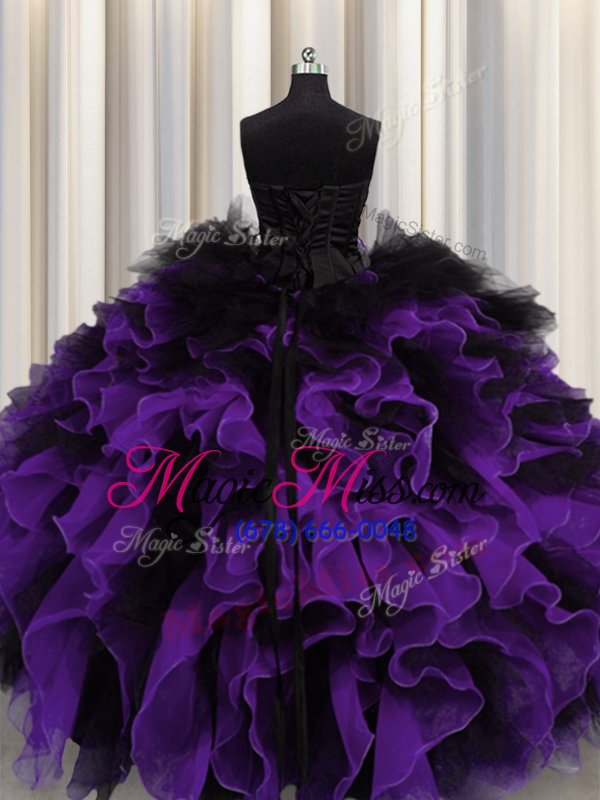 wholesale latest black and purple sleeveless organza and tulle lace up sweet 16 dresses for military ball and sweet 16 and quinceanera