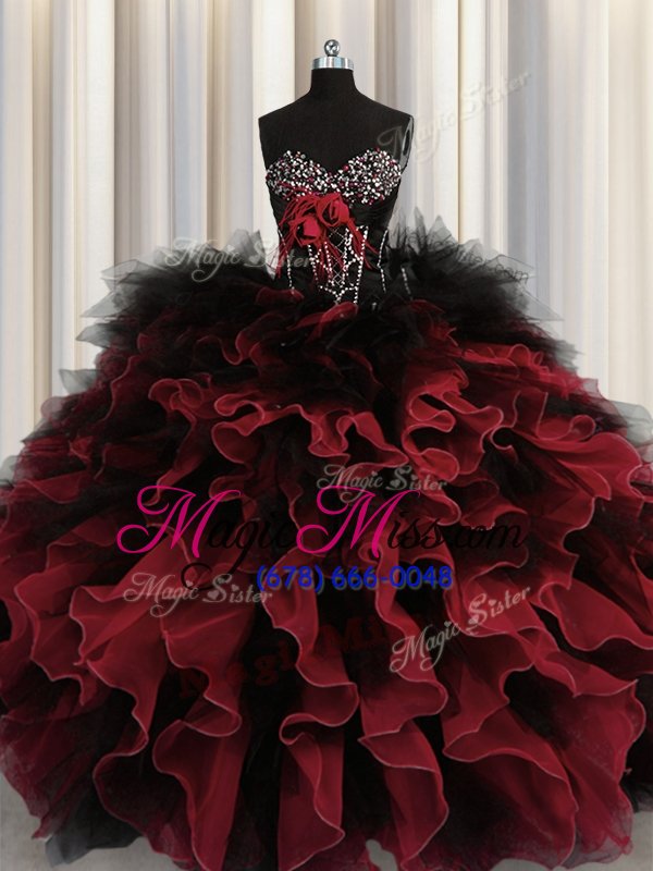 wholesale ideal beading and ruffles sweet 16 quinceanera dress red and black lace up sleeveless floor length