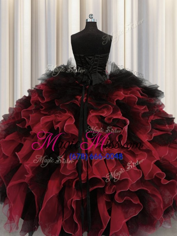 wholesale ideal beading and ruffles sweet 16 quinceanera dress red and black lace up sleeveless floor length