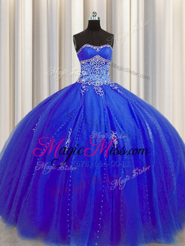wholesale fabulous puffy skirt royal blue sleeveless tulle lace up quinceanera gowns for military ball and sweet 16 and quinceanera