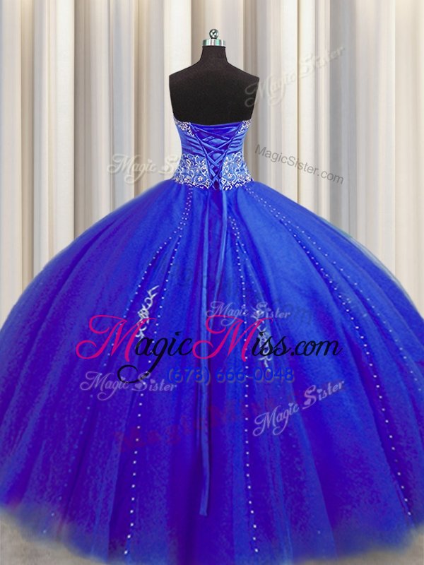 wholesale fabulous puffy skirt royal blue sleeveless tulle lace up quinceanera gowns for military ball and sweet 16 and quinceanera