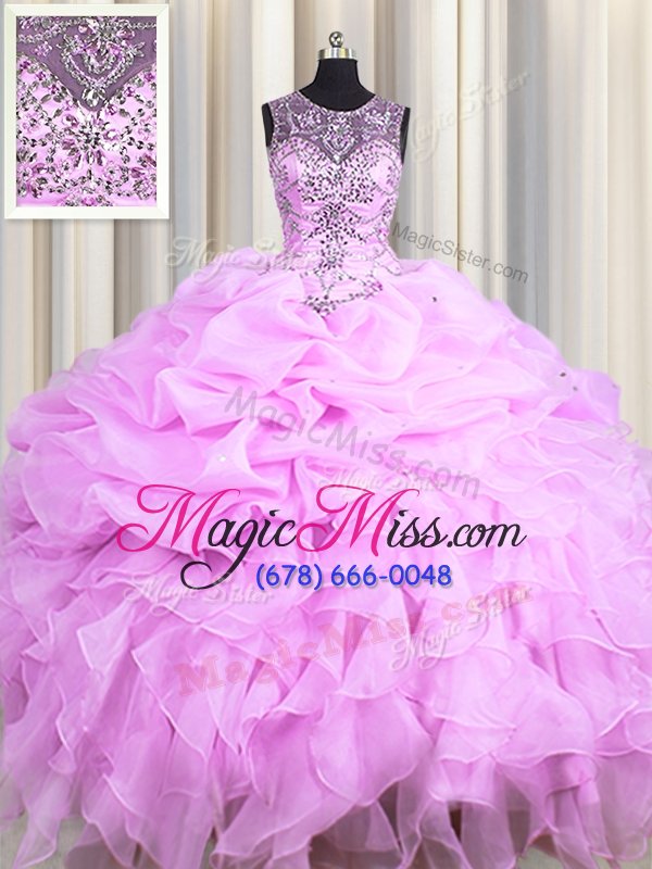 wholesale scoop see through lilac sleeveless beading and ruffles and pick ups floor length vestidos de quinceanera